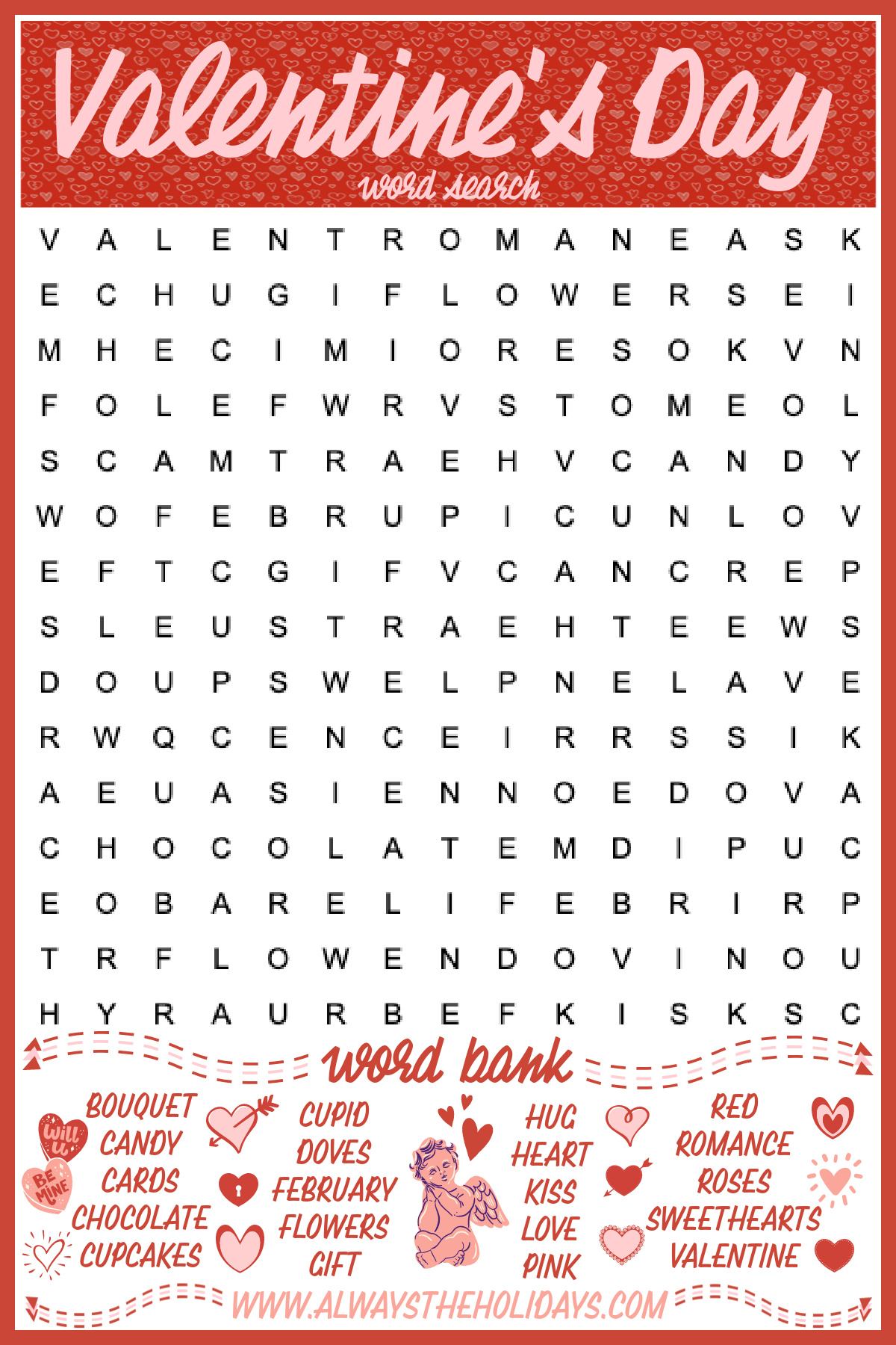 free valentine's day word search printable - answer key included